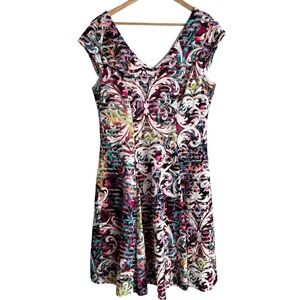 Laura Colourful A-Line Dress Sz L White Rainbow Cap Sleeve V-Neck Fit and Flare